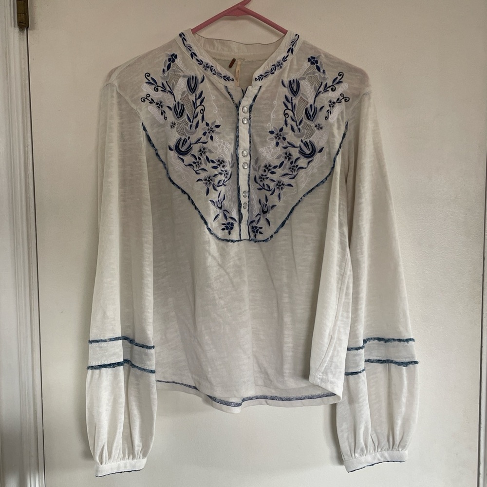 free people blue and white henley with bell sleeves